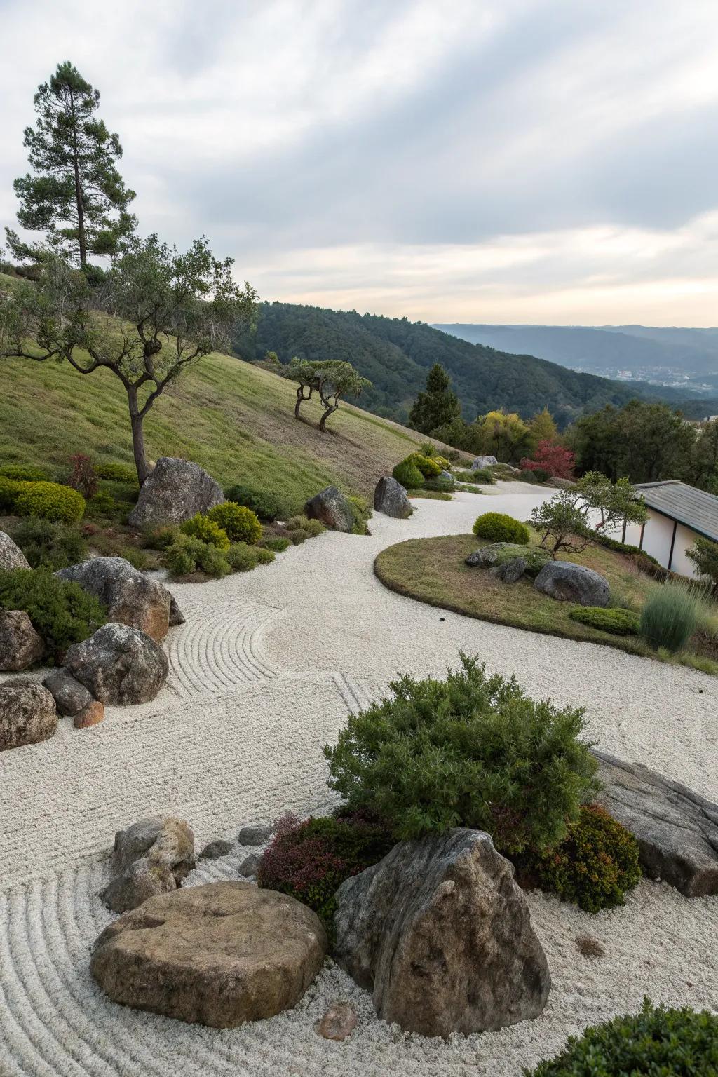 A Zen rock garden infuses your slope with peace and simplicity.