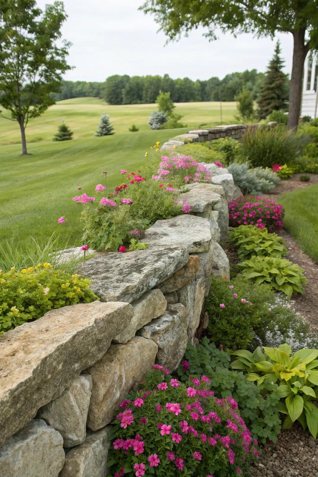 A stone barrier providing privacy and acting as a backdrop in a garden.