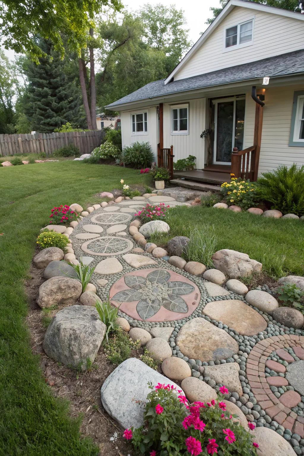 Construct an artistic pattern using sizable stones in your landscape.