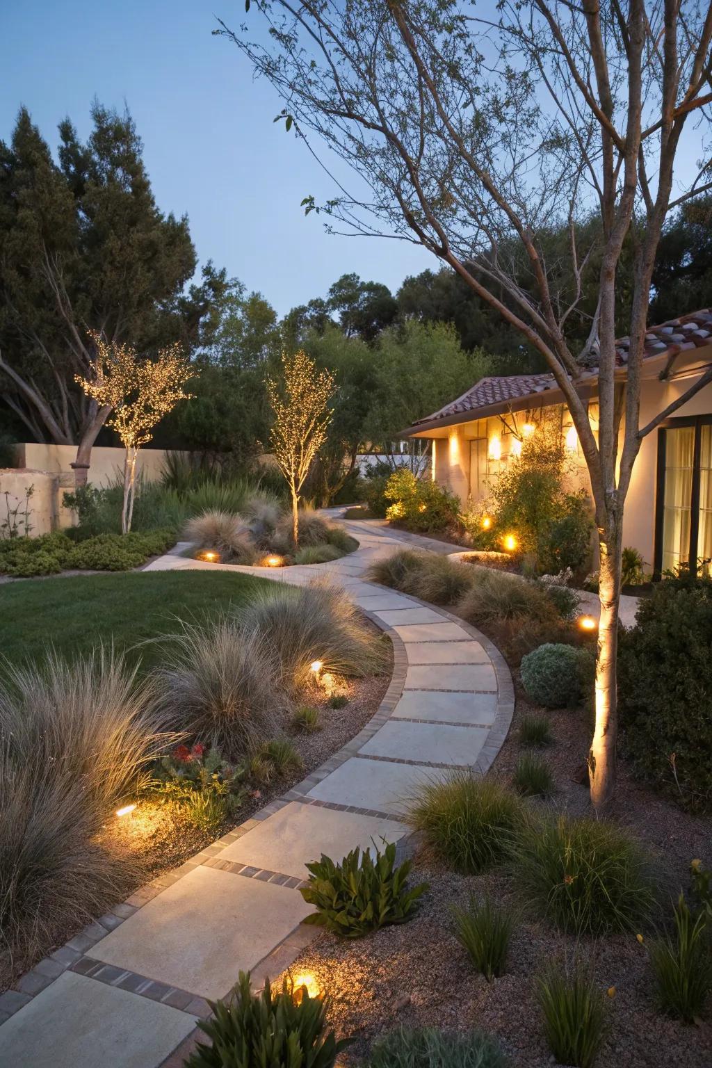 Ambient lighting enhancing the beauty and safety of a water-wise garden.