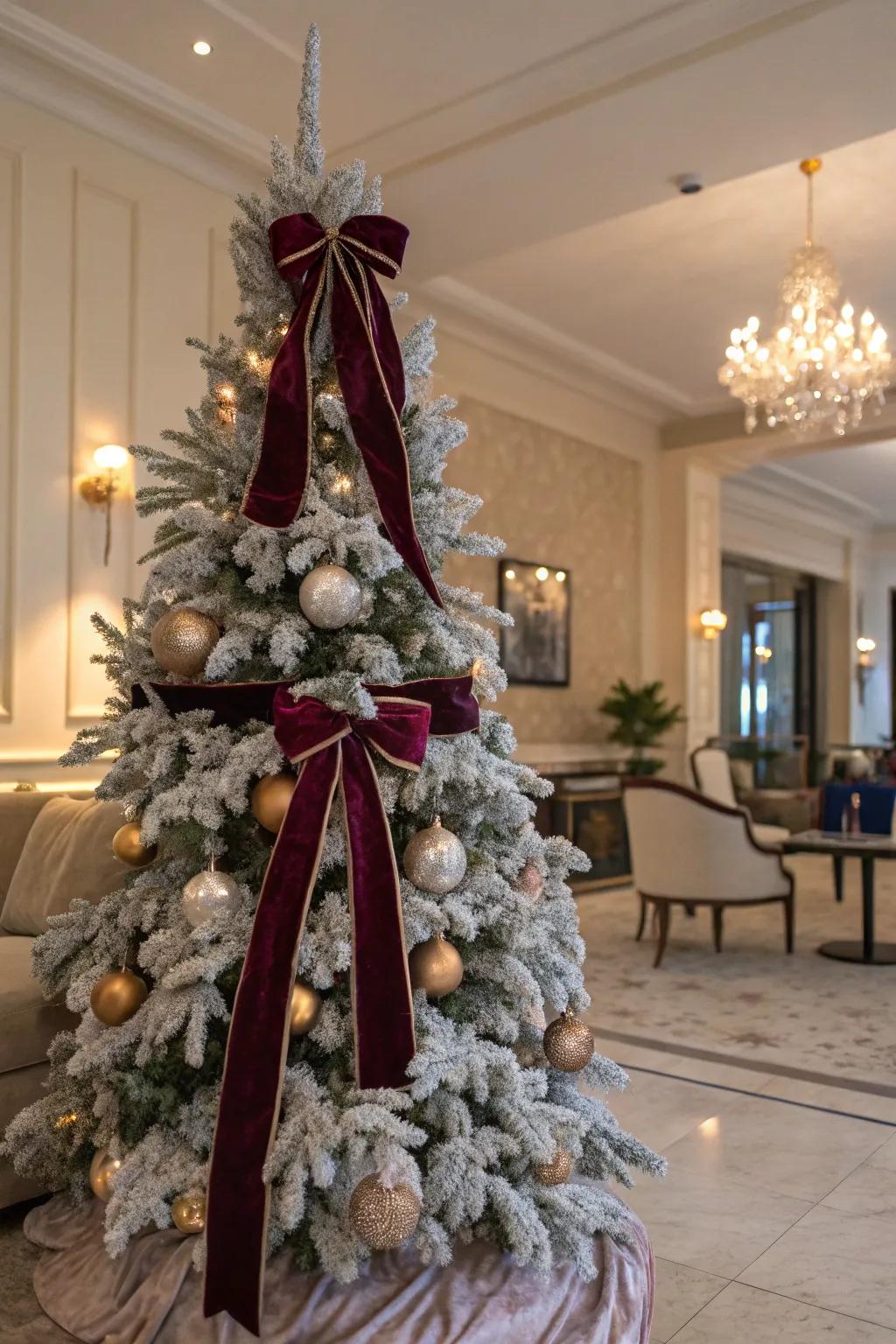 Silk ribbons add a luxurious touch to this frosted tree.