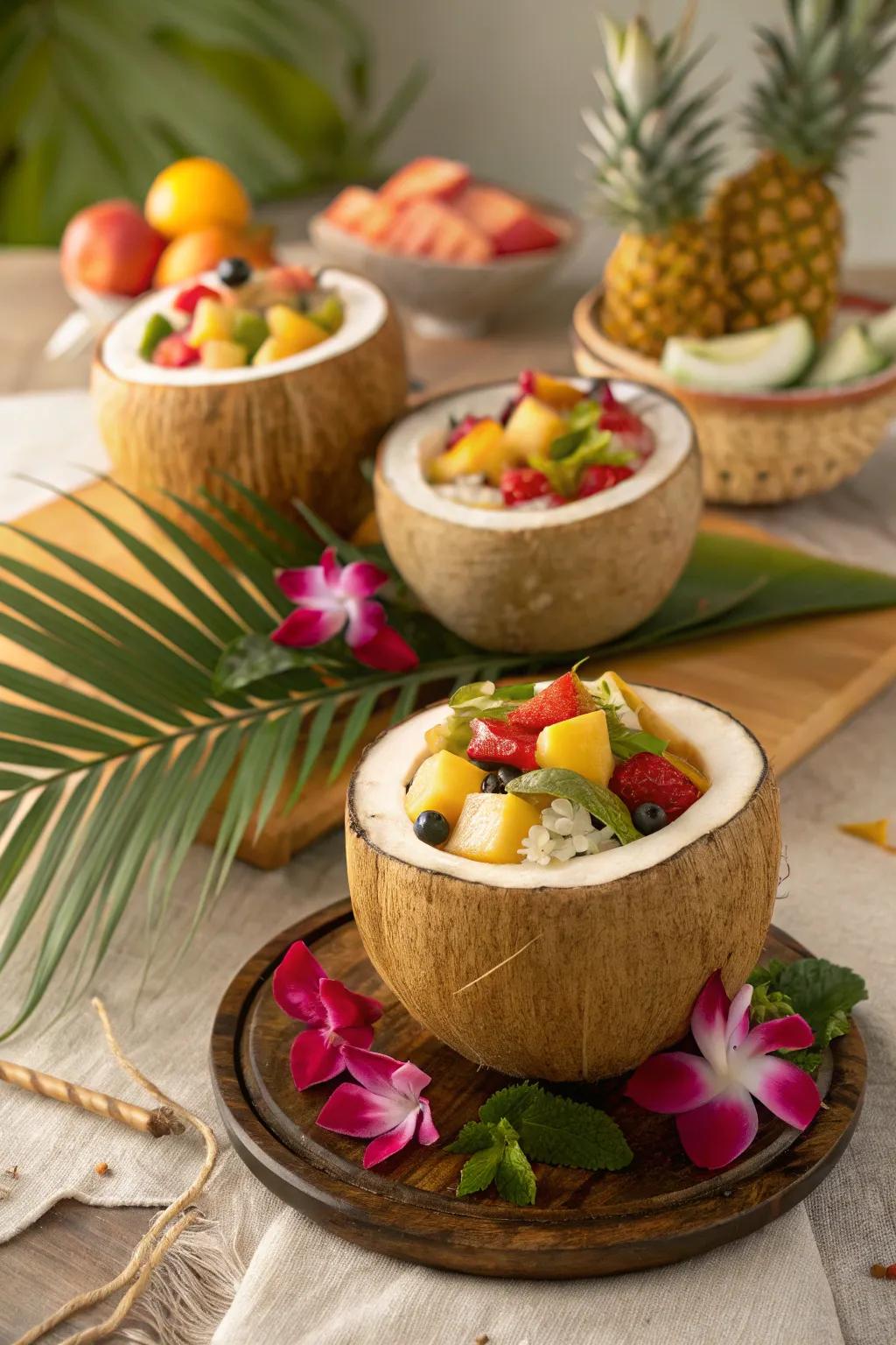 Coconut fruit cups add an exotic and eco-friendly touch.
