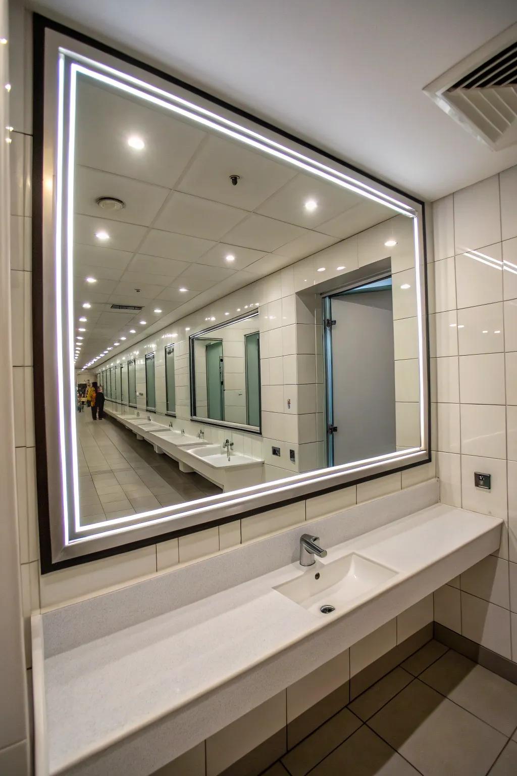 A large mirror improves the sense of space in this bathroom.