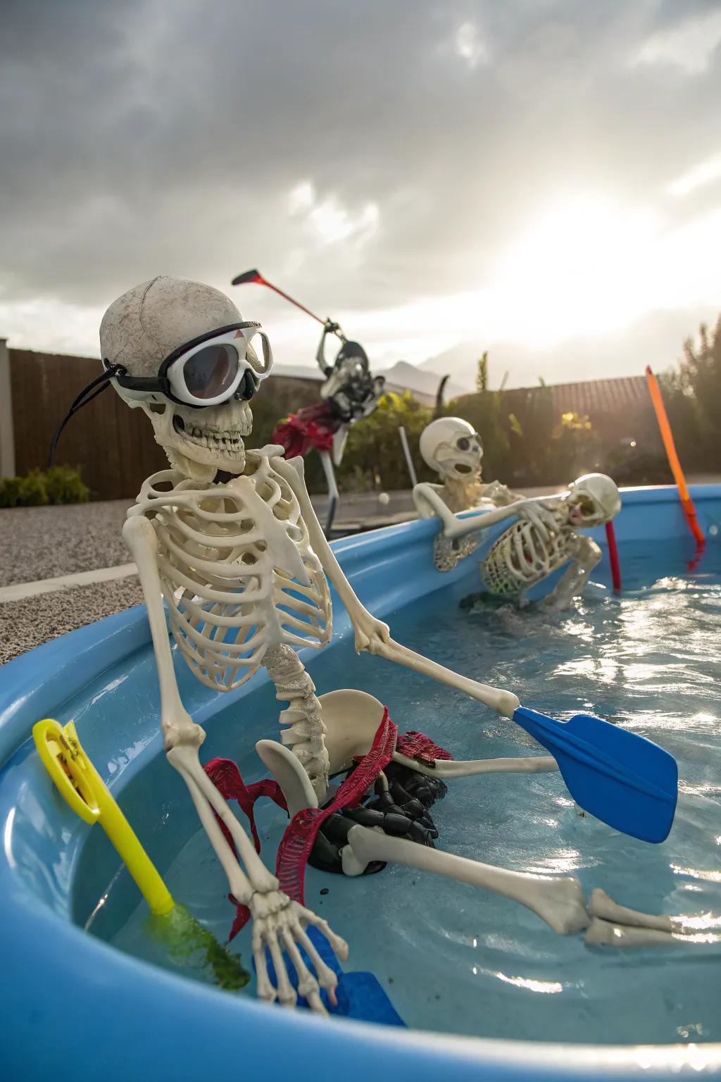 Skeletons having a snorkeling adventure in the yard.