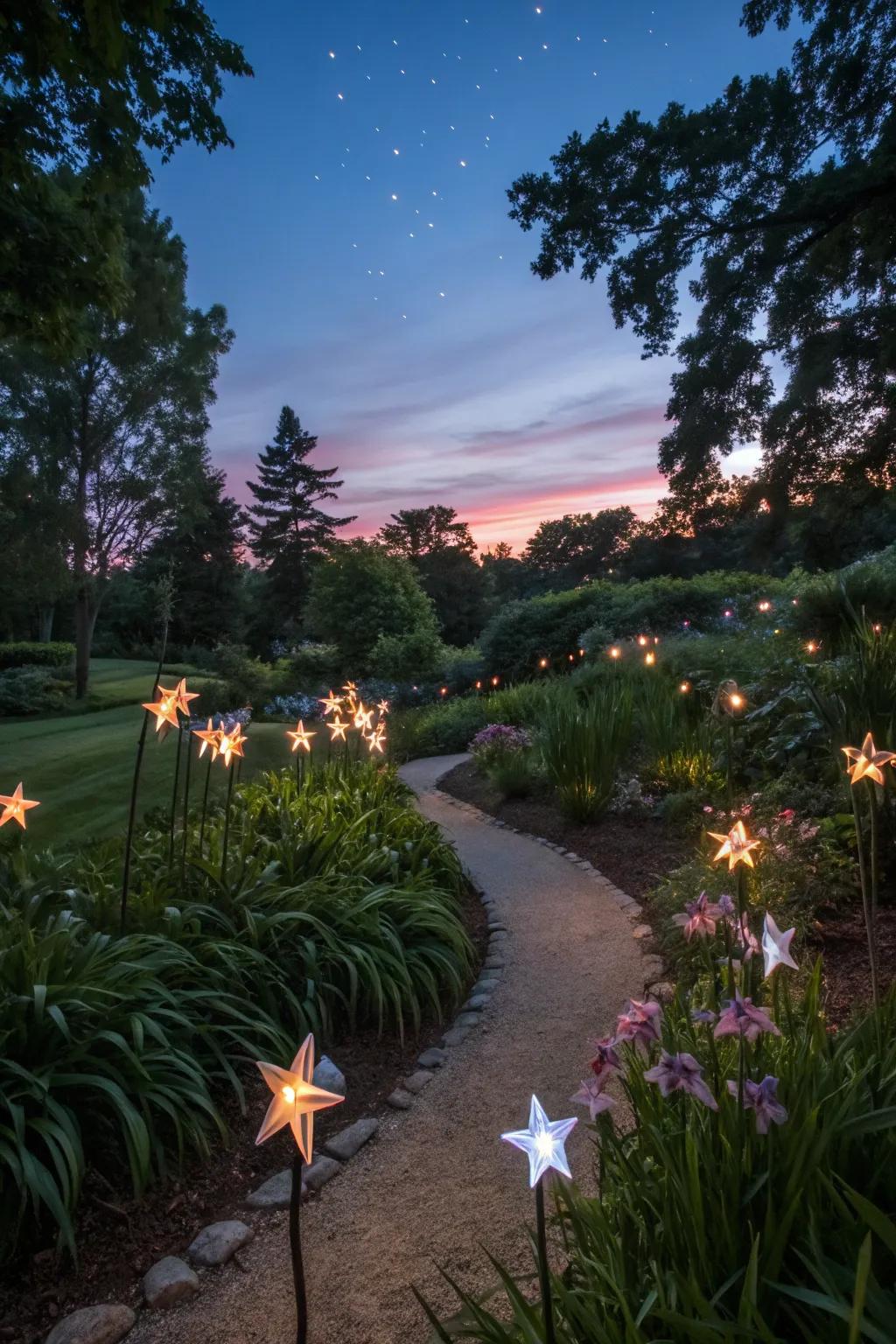 Starry decorations transforming the garden into a night sky wonder.