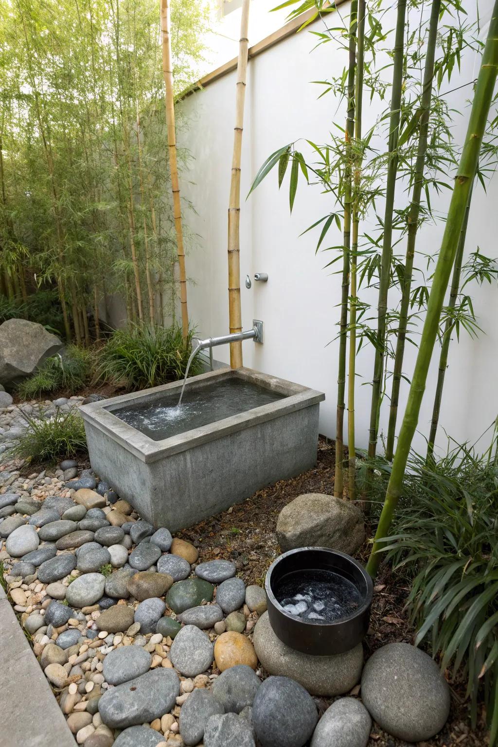 A metal basin fountain serves as the heart of a Zen garden sanctuary.