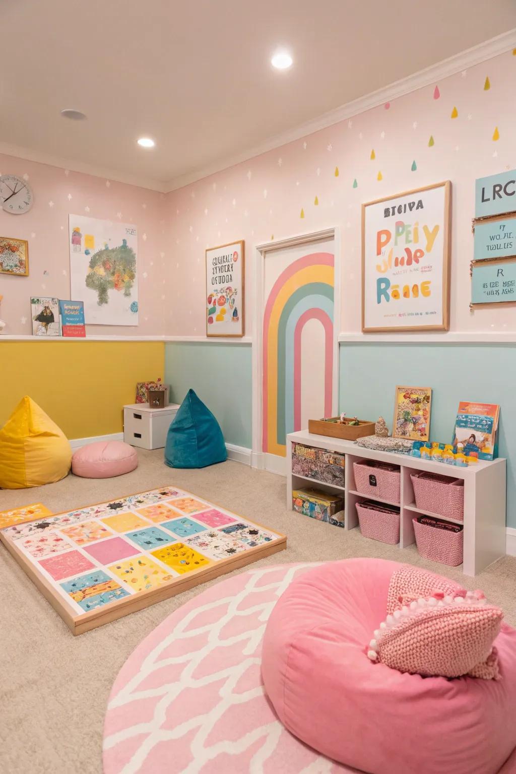 Pastel hues bring a playful and lighthearted atmosphere to the game room.