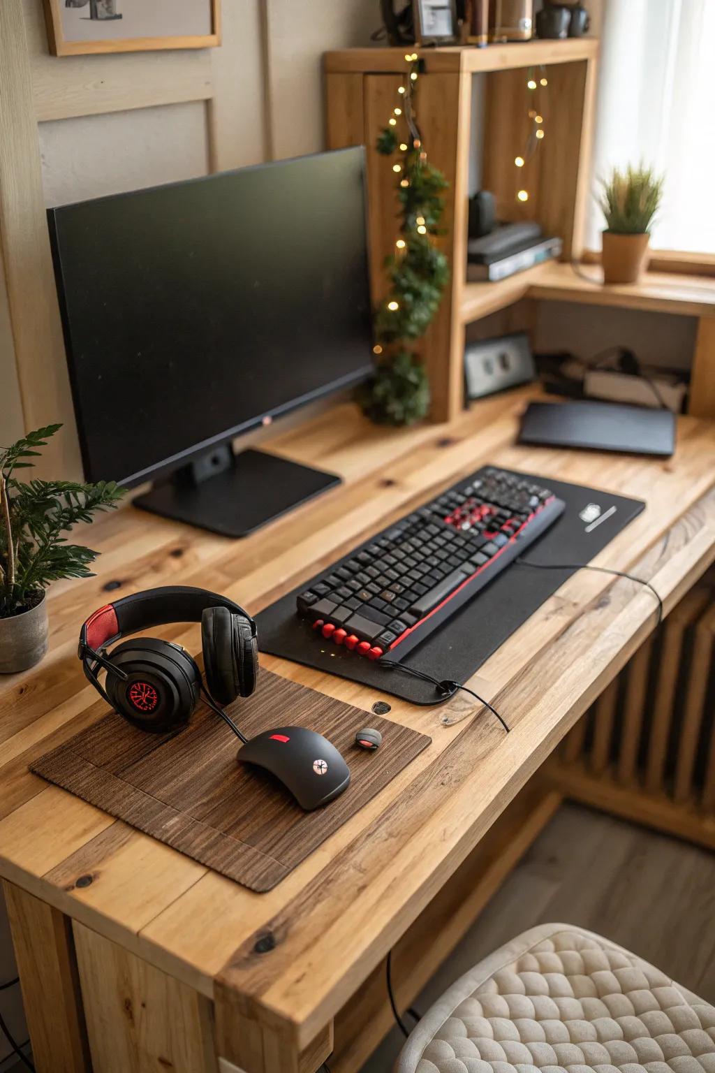 Wood elements introduce warmth and natural beauty to your gaming space.