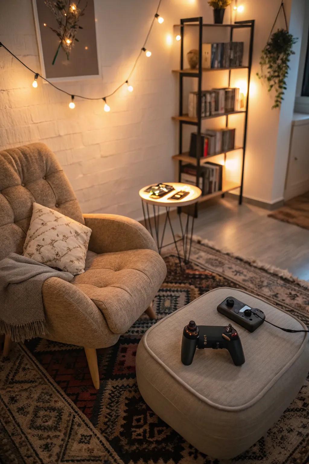 A comfortable spot offers relaxation during gaming.