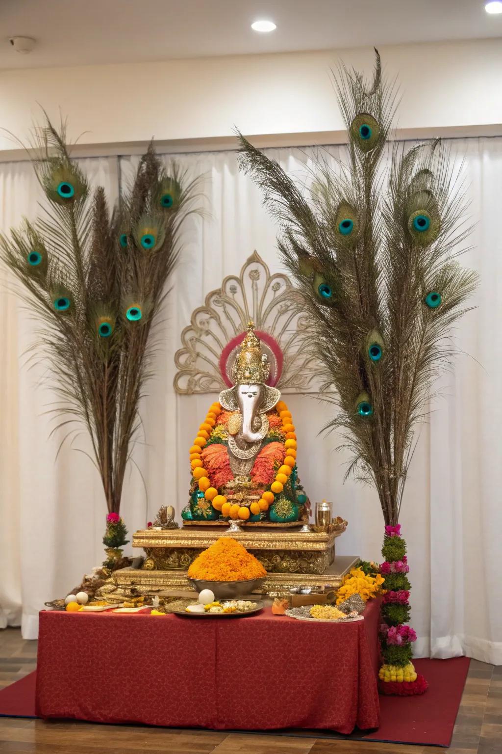 Iridescent plumes contributing a regal nuance to the Ganpati decor.