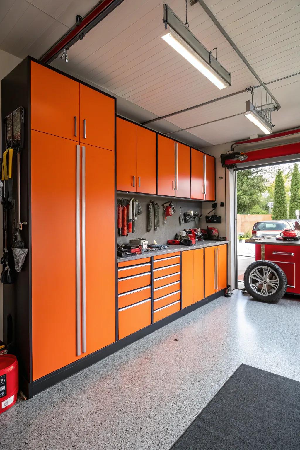 Vivid coral cabinets create an energetic presence.
