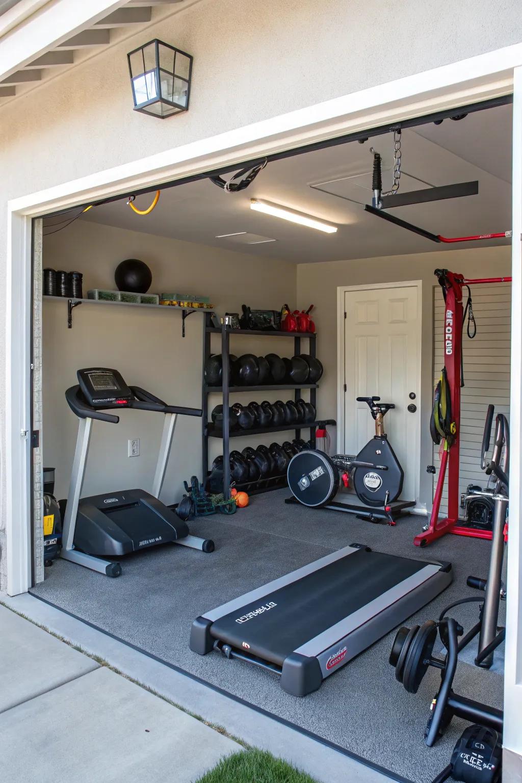 A home fitness studio perfectly set up within a garage.
