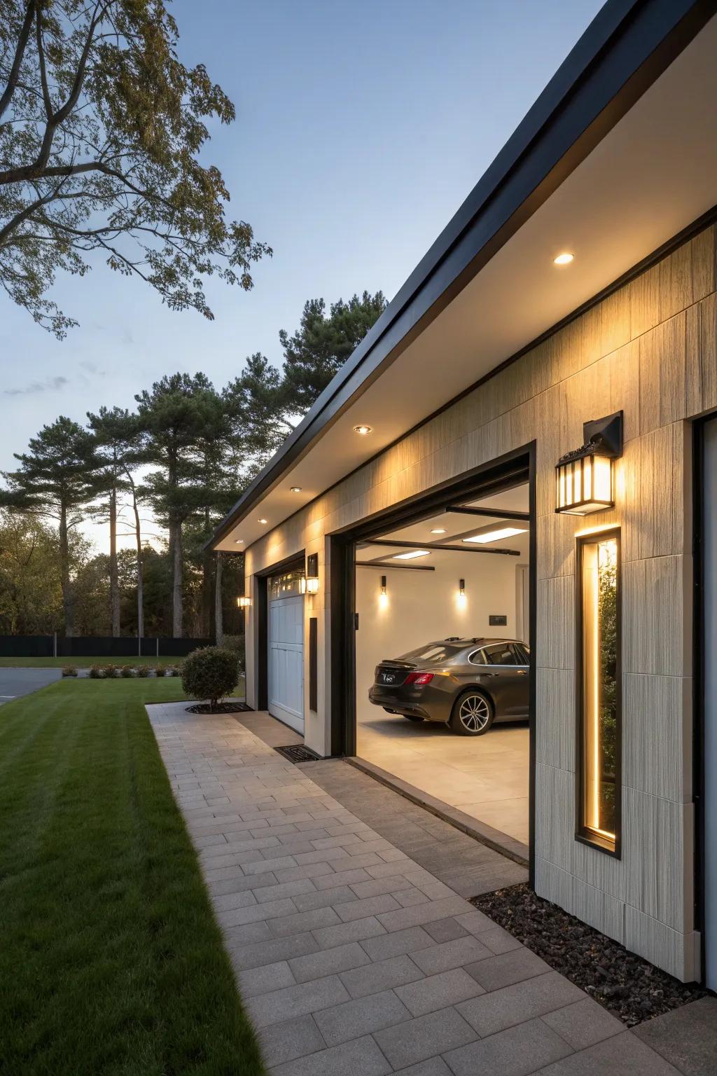 A garage showcasing unique lighting that adds a stylish touch.