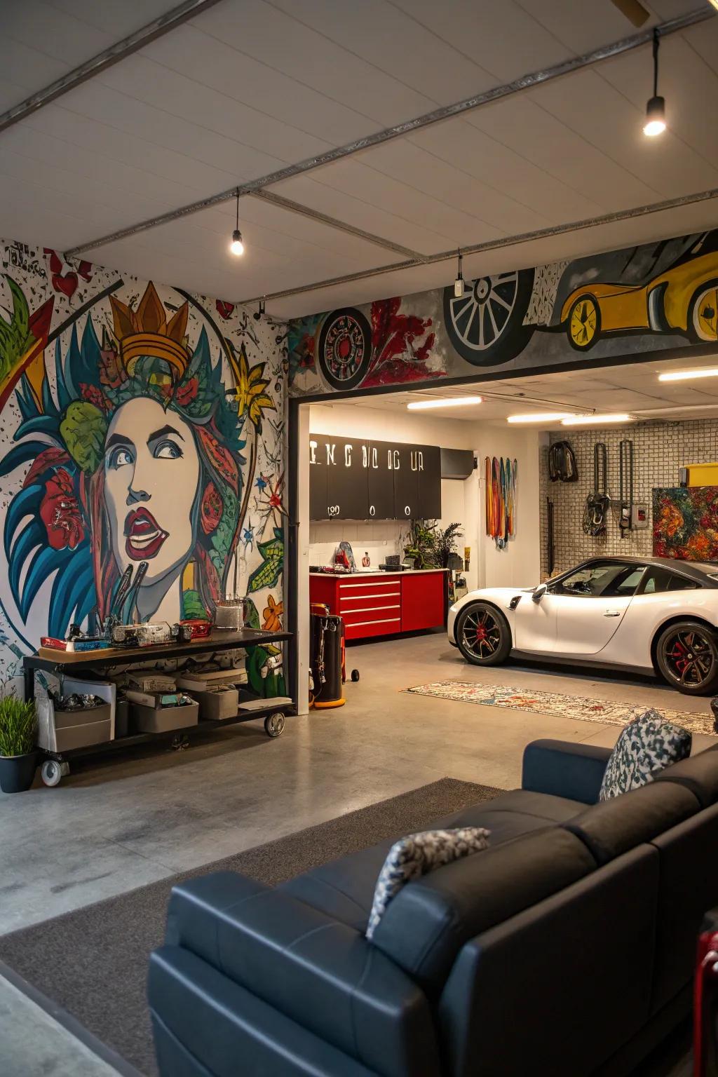 Decorative elements add personality to the garage space.