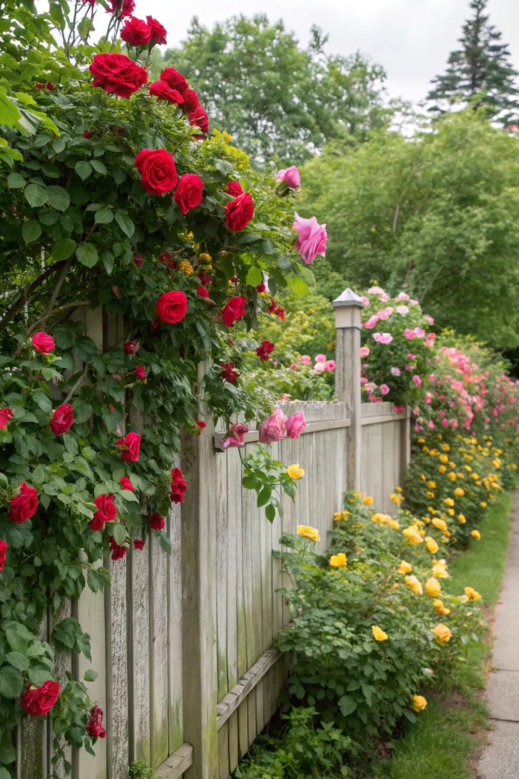 Climbing plants change fences into vibrant, living walls.