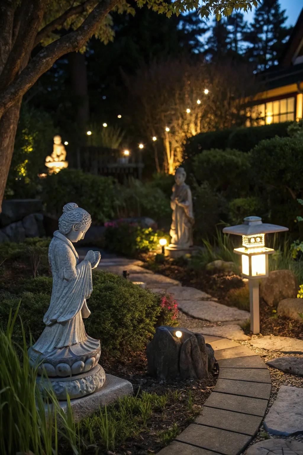 Incorporate character into your garden utilizing lighted statues.
