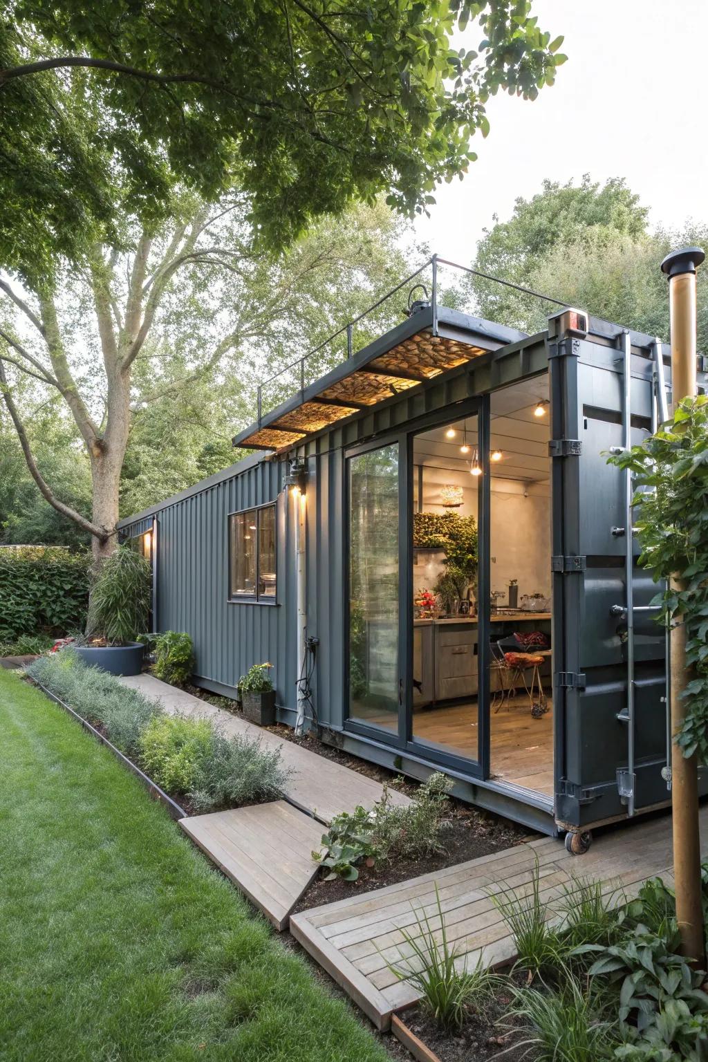 An industrial-style garden office in a repurposed cargo box, providing durability and style.