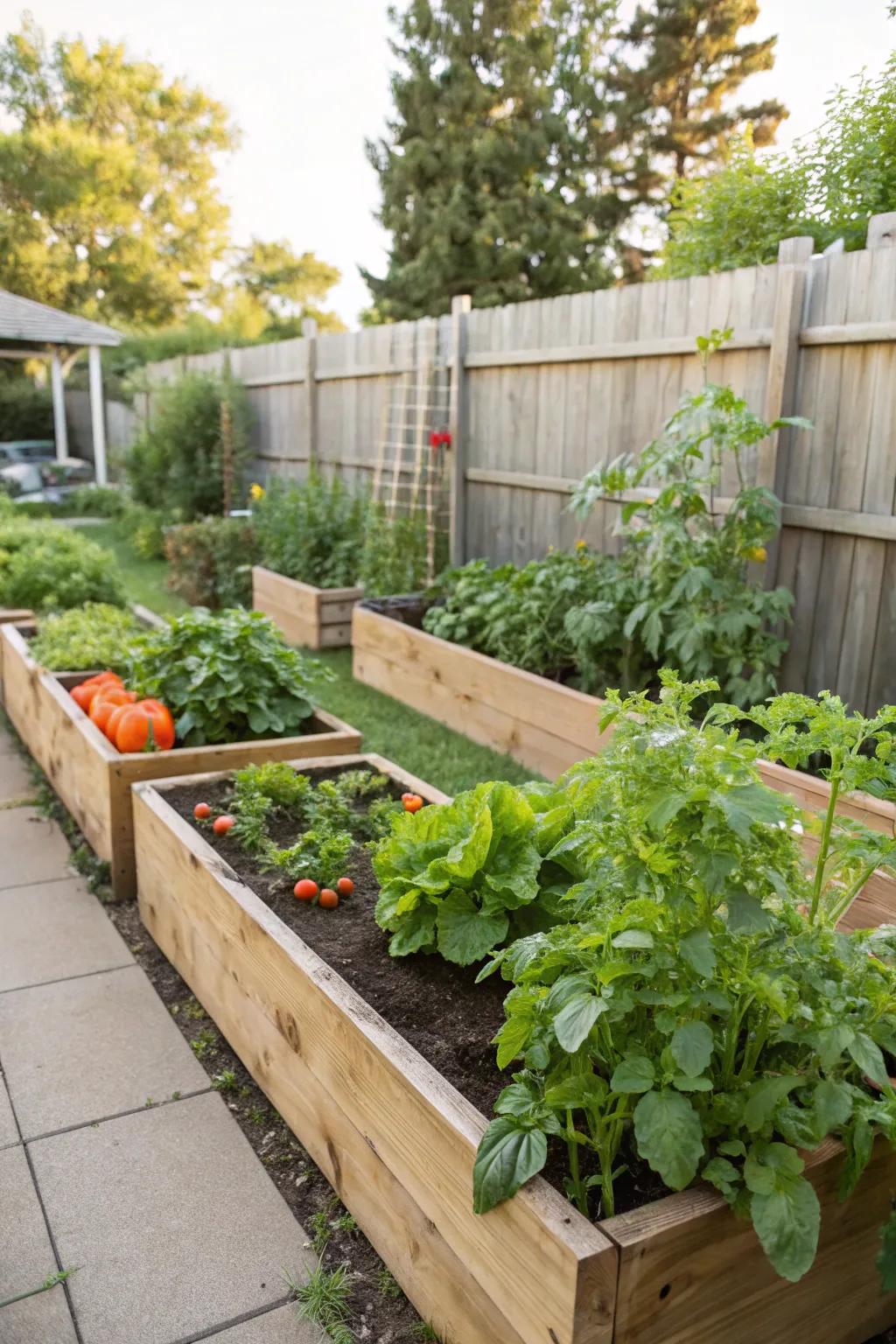 Raised beds full of thriving vegetables.