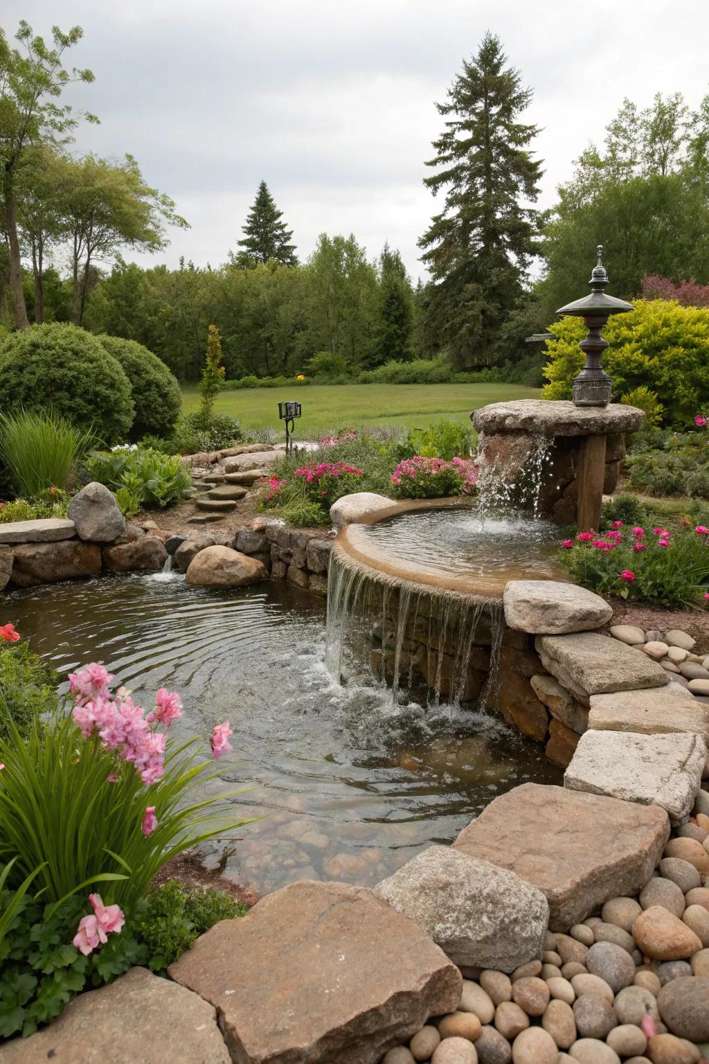 A calming stone water feature adding tranquility to the garden.