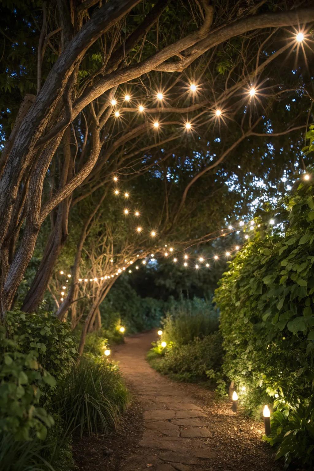 Twinkling fairy lights design a magical feel in the garden.