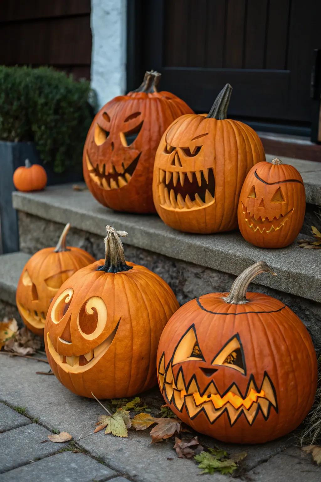 A collection of fabulous face pumpkins, each showcasing a unique personality.