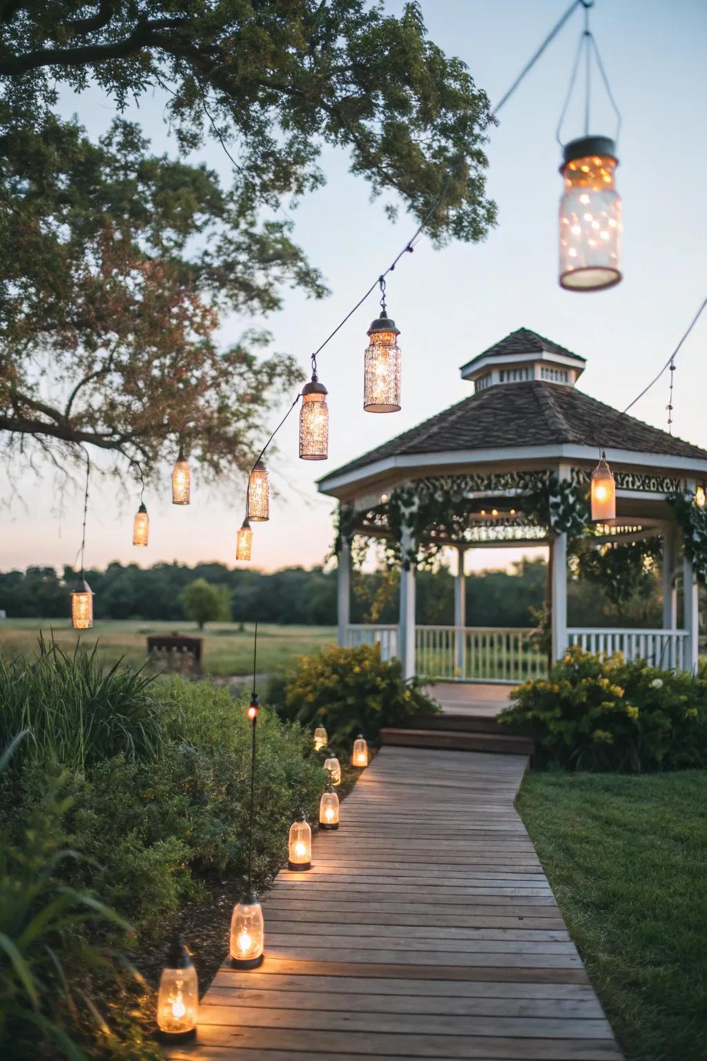 Mason jar lights infuse your gazebo with rustic charm.