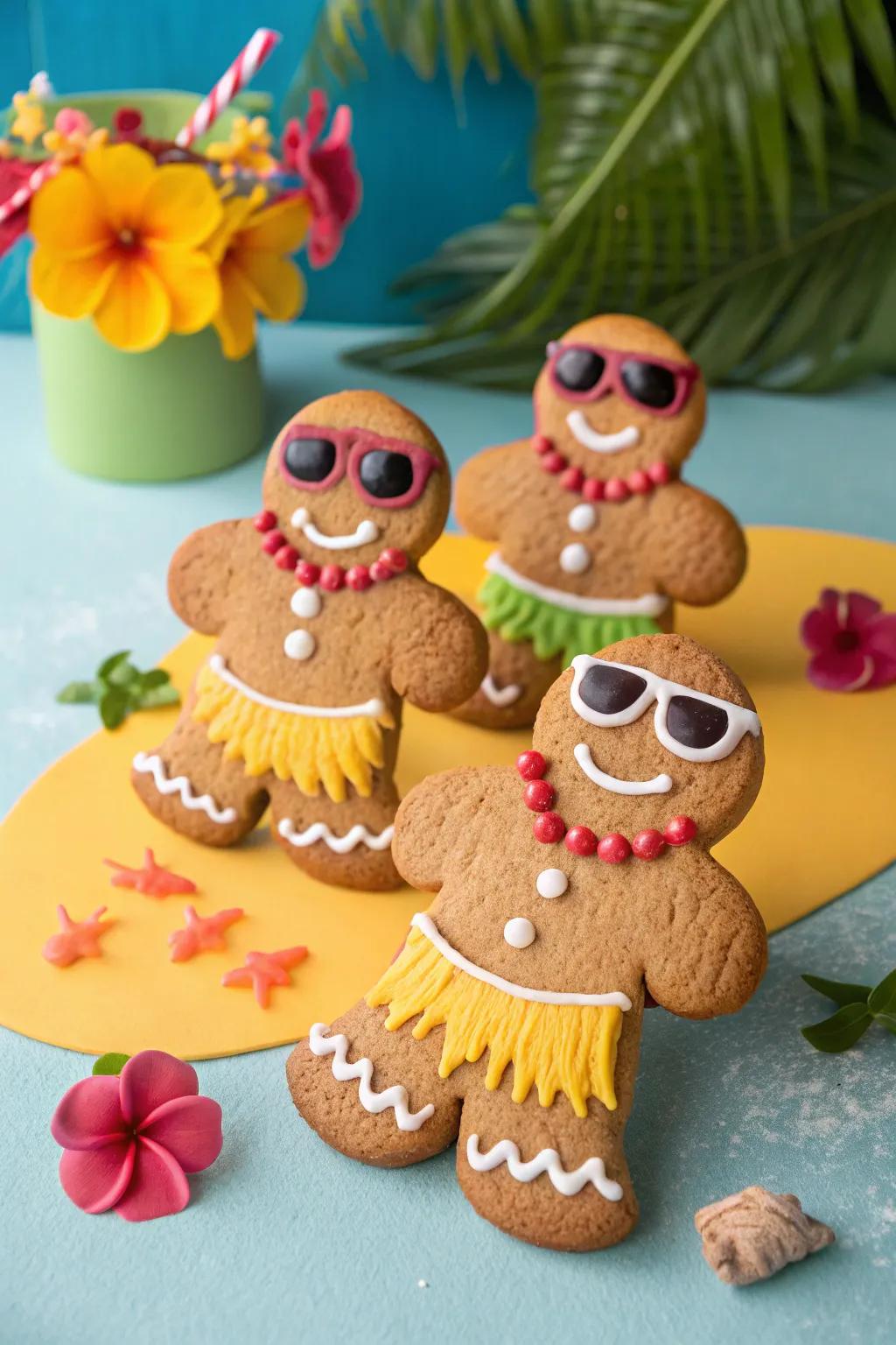 Tropical gingerbread characters injecting sunshine into the holiday festivities.