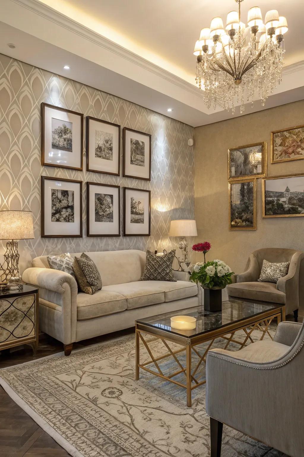 A creative living area showcasing a gallery wall with artistic flair.