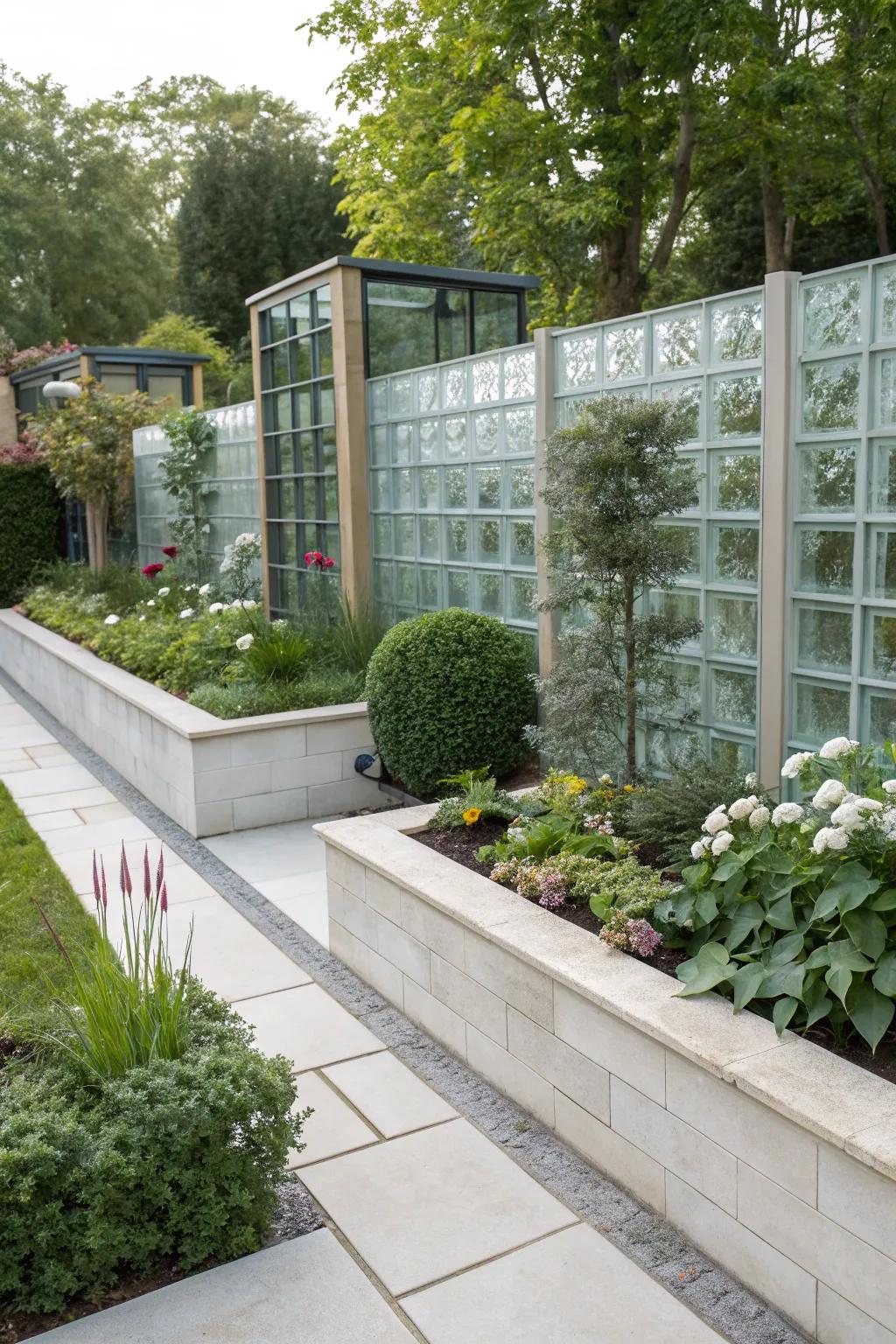 A garden features glass block borders, adding a modern and light-catching part to the landscape.