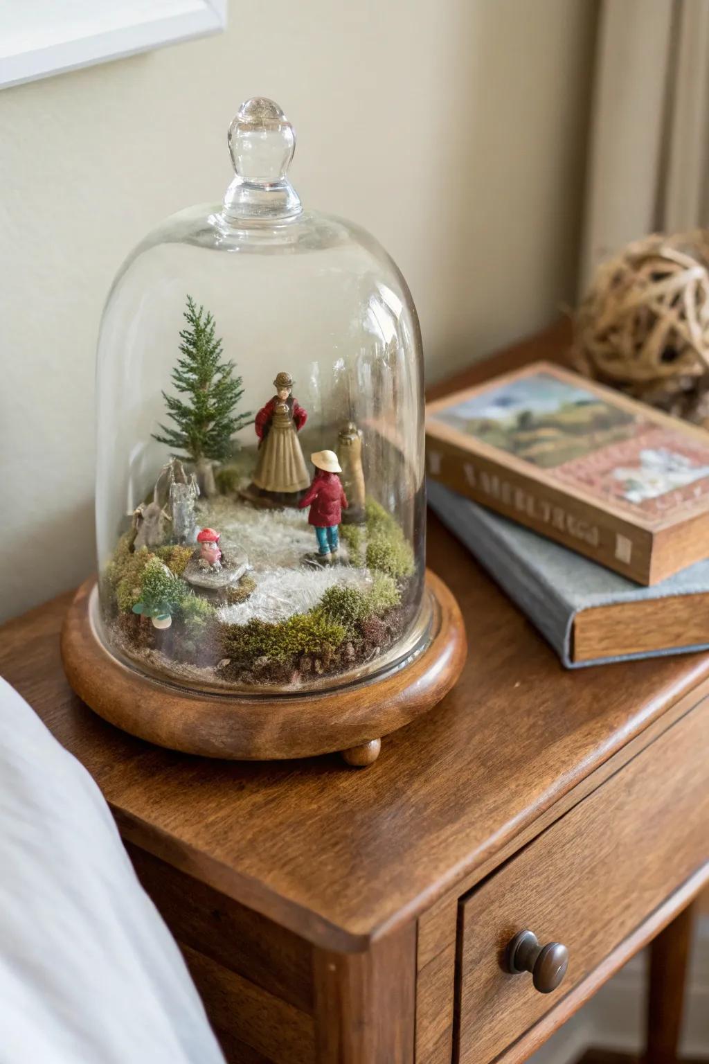 A small diorama featuring figurines creates a storytelling display under a glass cloche.