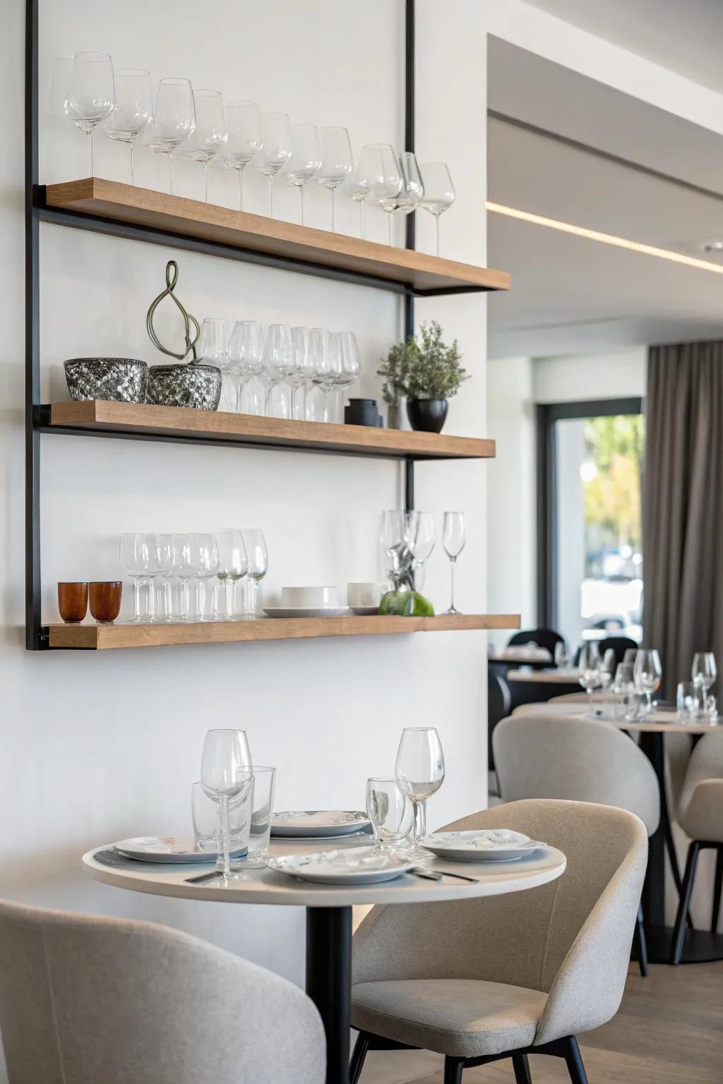 Minimalist floating shelves showcasing elegant glassware.
