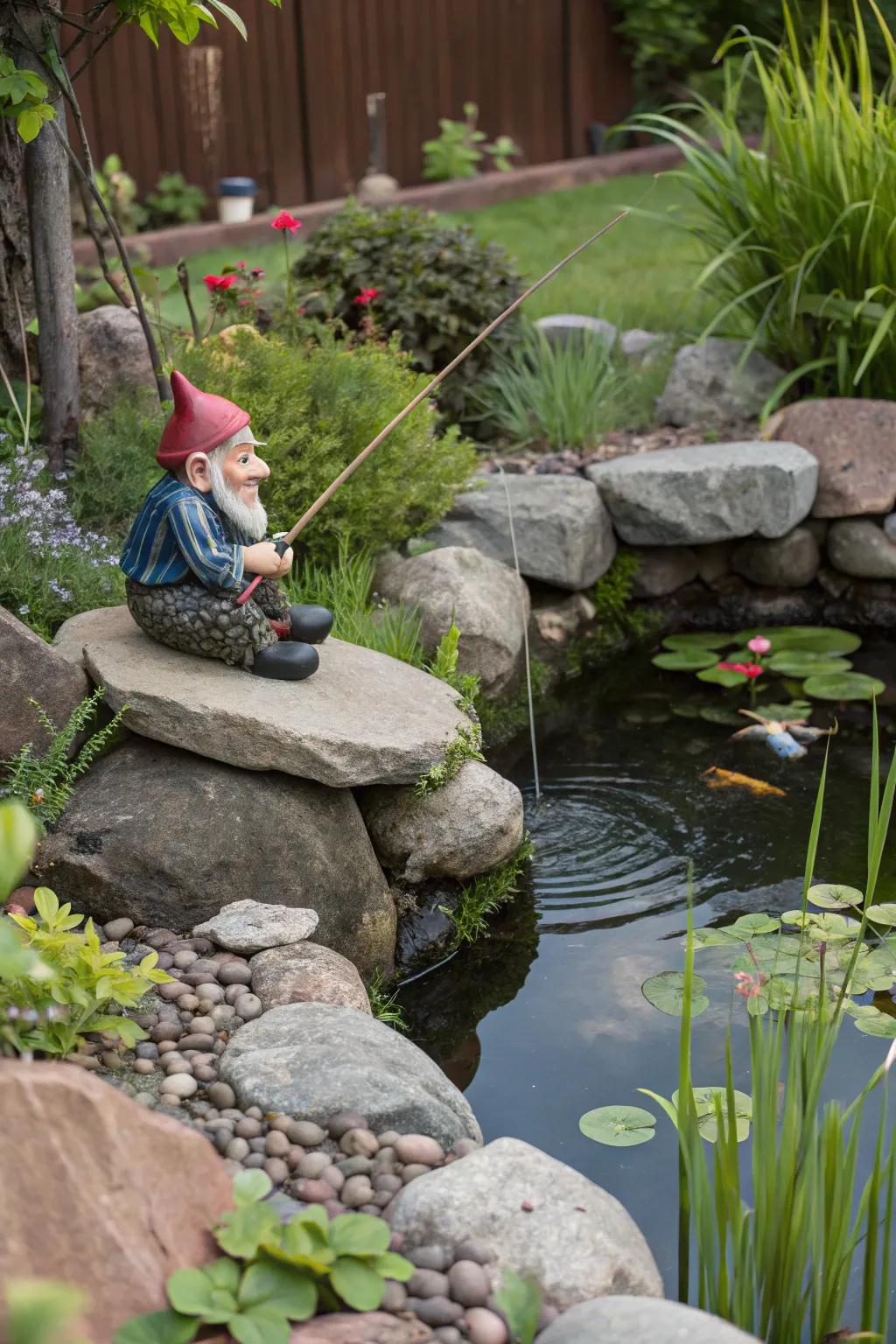 A playful gnome fishing pool for added garden whimsy.