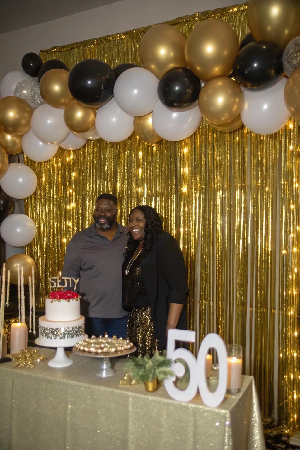 Gold streamers create a vibrant and festive backdrop.