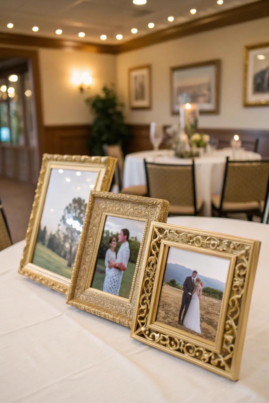 Personalized gilded frame photo display for warm memories.