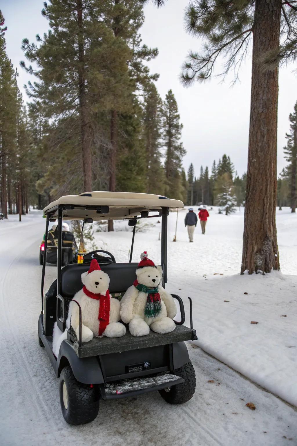 Polar bears adding a whimsical touch to this golf cart.