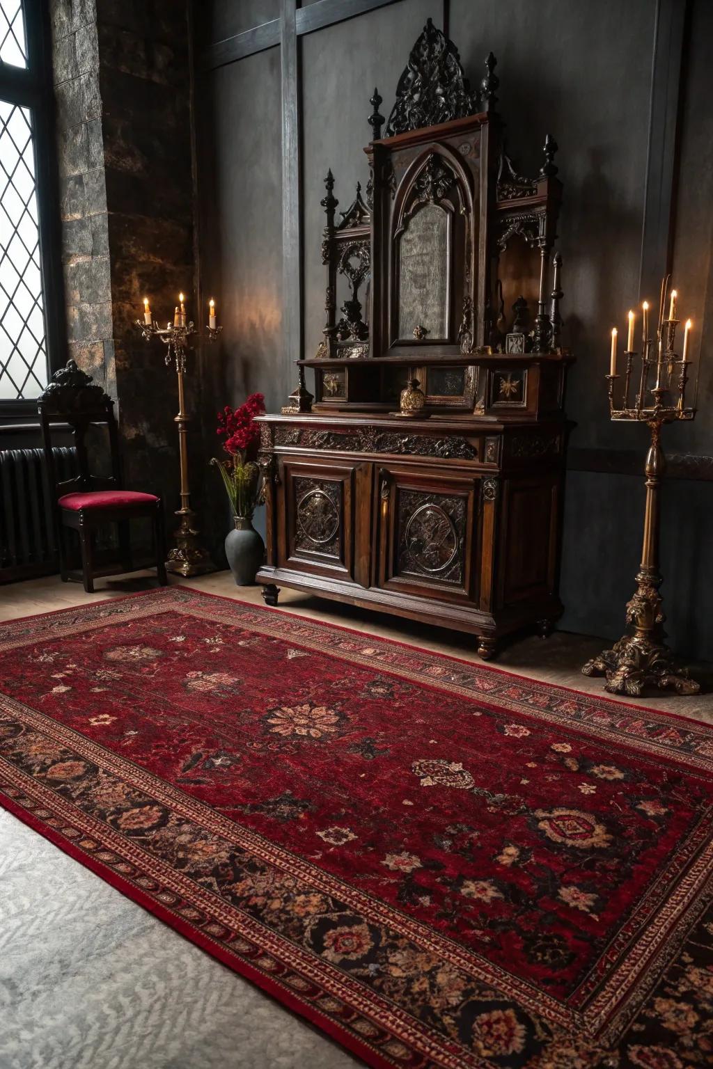 A rich rug adds warmth and completes the gothic look.