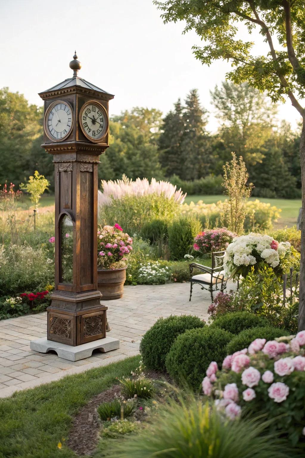 A pendulum timepiece enhances an outdoor garden area.