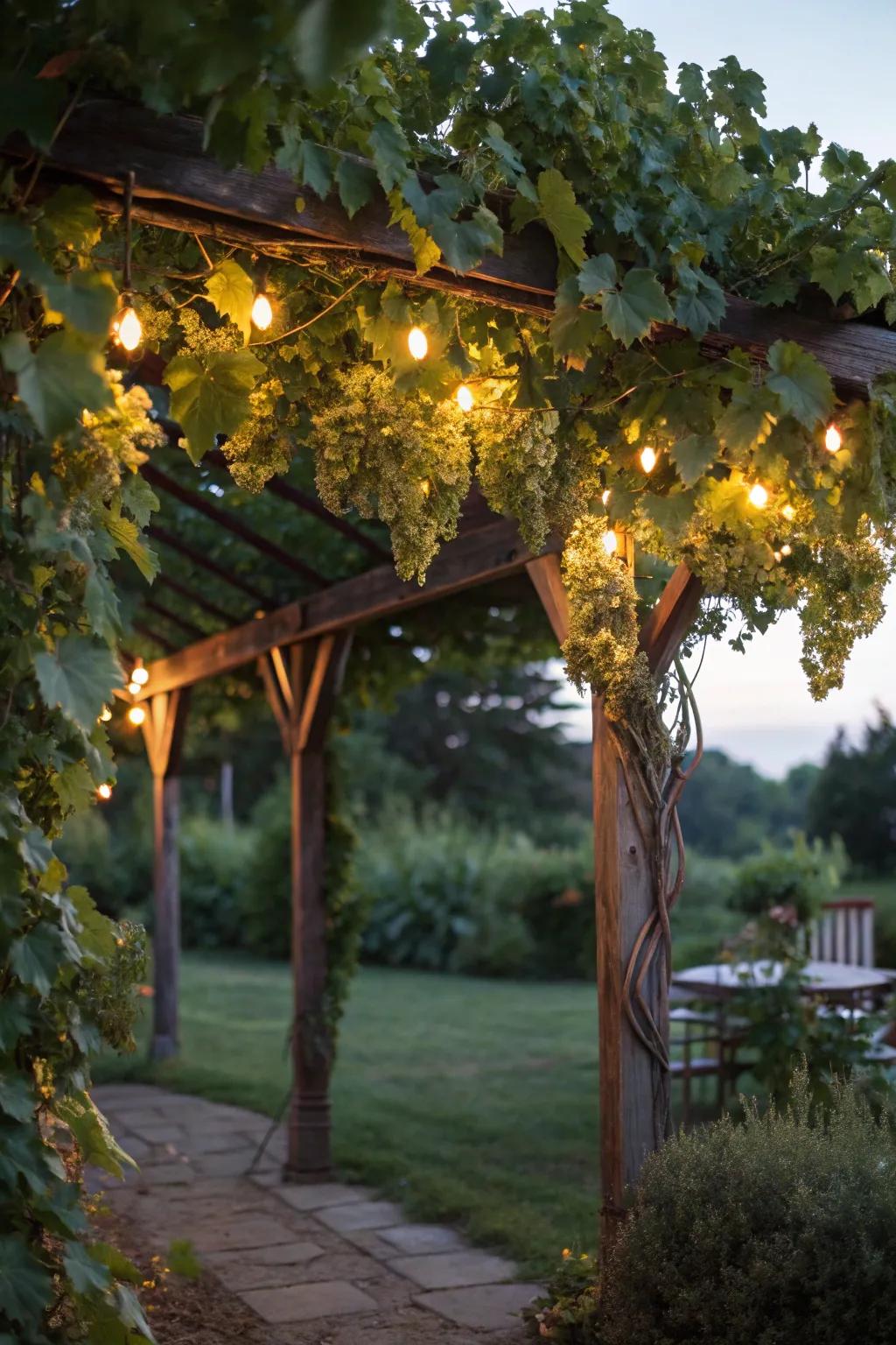 Powered lights transform a vine support into a magical evening retreat.