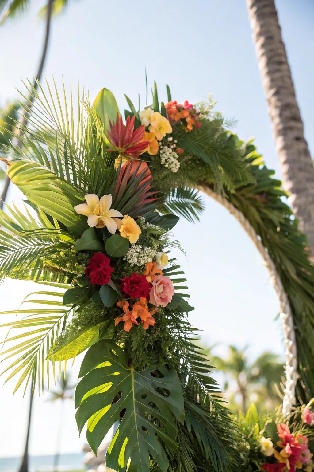 A tropical-themed grapevine wreath with fan palm.
