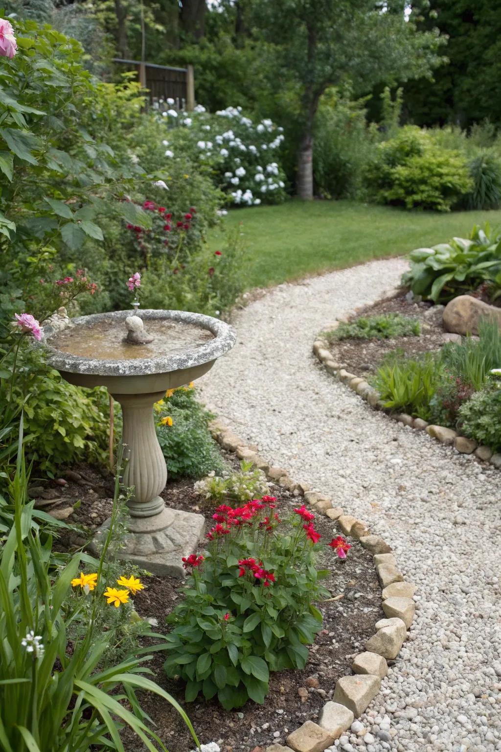 A wildlife-friendly stone flower bed featuring a birdbath