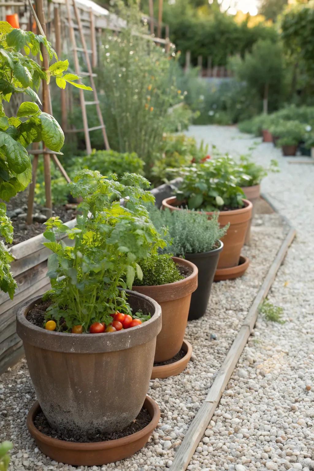 The gravel garden benefits from the incorporation of edible plants in terms of both aesthetics and utility.