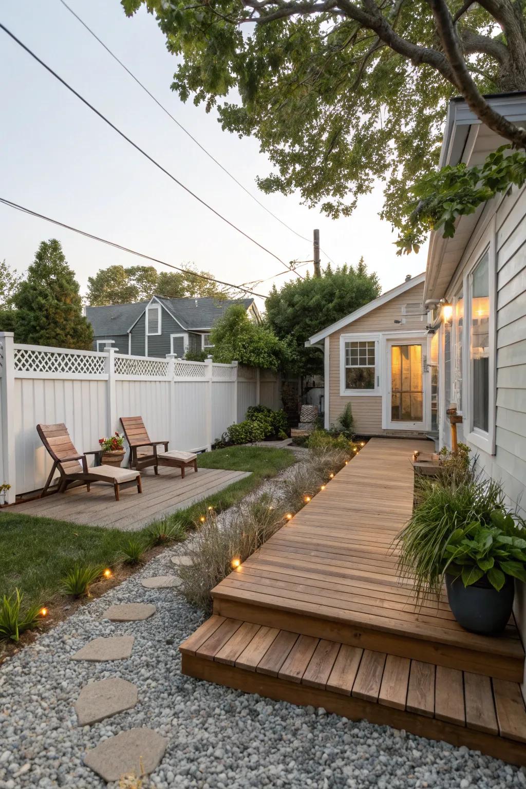 A nice mix of wood decks and pebbles in a backyard.
