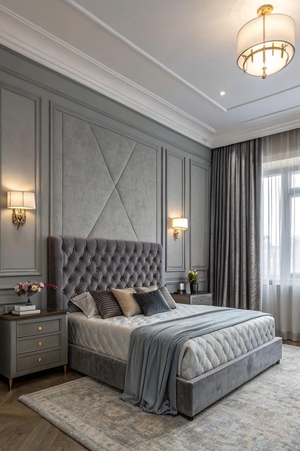 A sophisticated gray bedroom showcasing luxurious velvet.