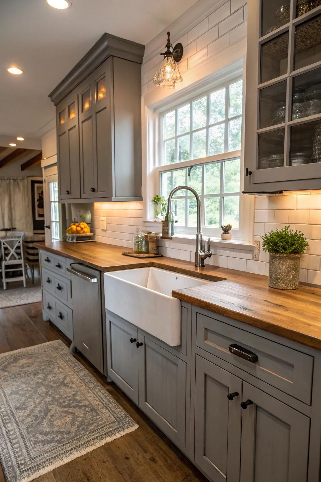 A butler-style basin infuses charm and practicality into gray units.