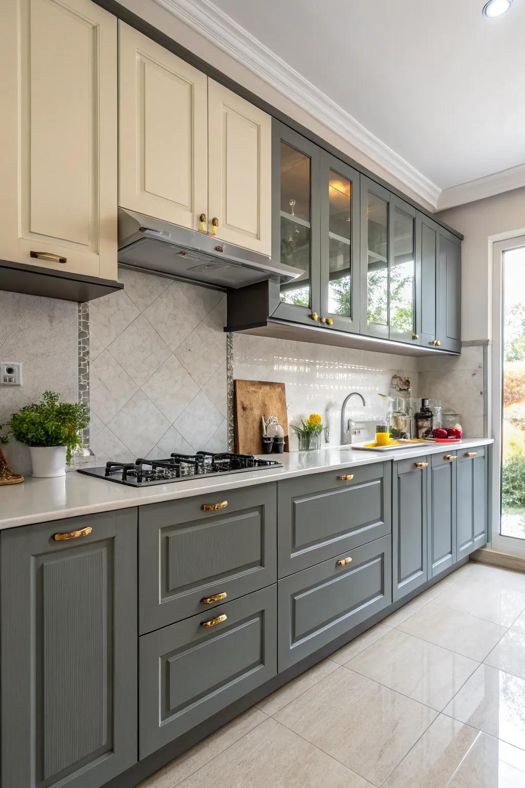 Duotone cabinets add dimension and style to a contemporary kitchen.