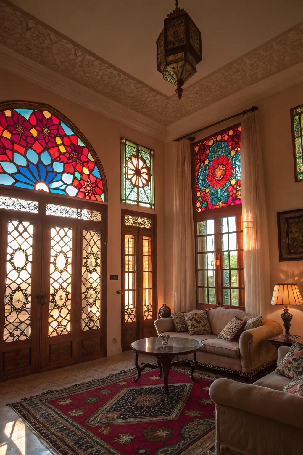 Colored glass windows bring a splash of color and artistic charm to this family room.