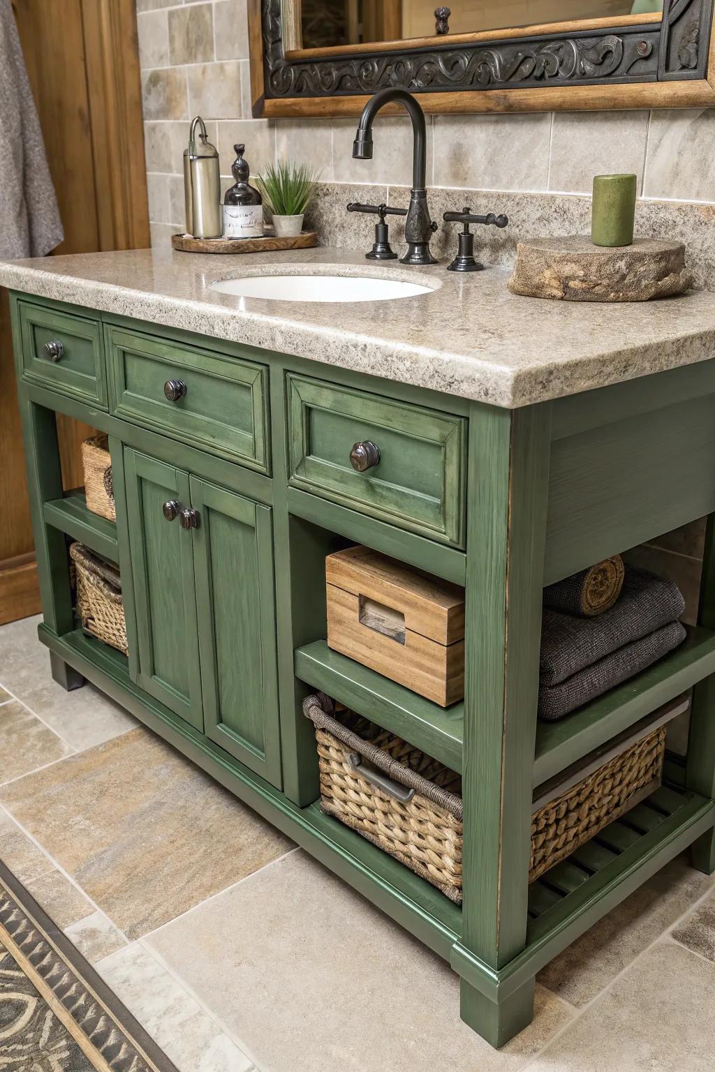 Green vanity complemented by a mix of materials for a dynamic look.