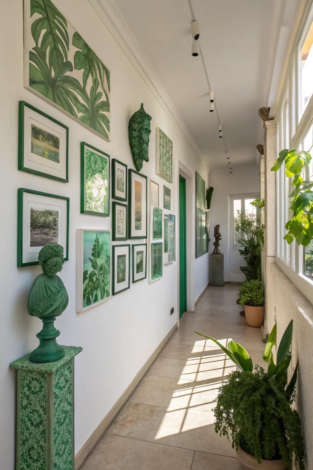 A display wall with green-themed artwork adds sophistication and personal style.