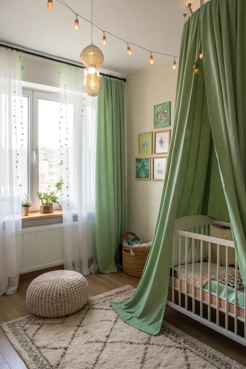 Layered curtains add depth and control light effectively.