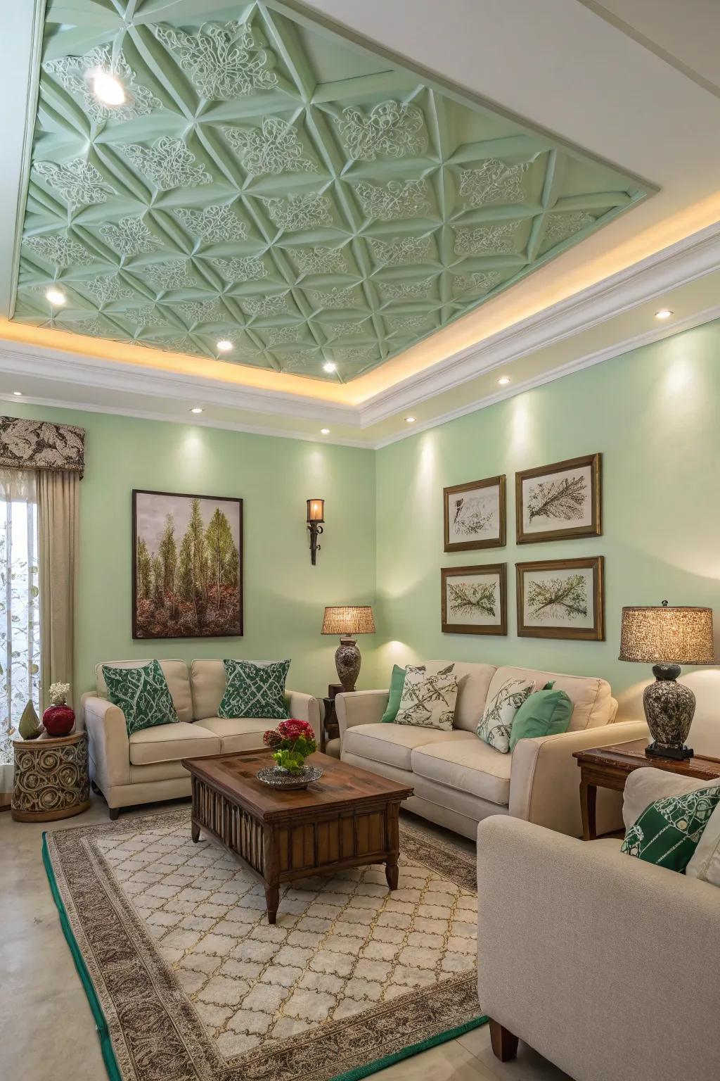 A green ceiling introduces an unusual element to this unified lounge.